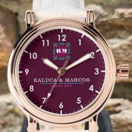 Relógio Custom floral couple names monogram 