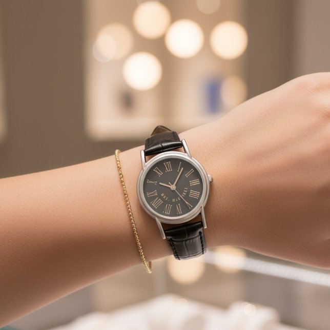 Relógio Custom Just Married Watch Gift for Husband or Wife (Black Leather Couple Gift – Personalized Bachelorette, Wedding or Engagement Present)