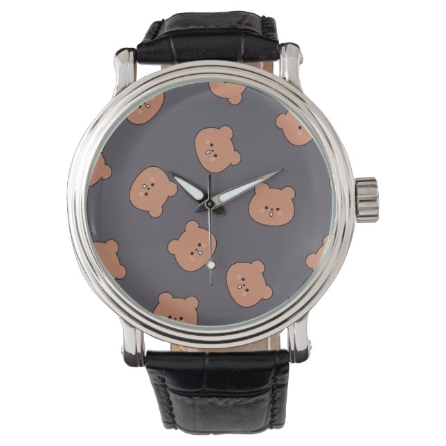 Relógio Cute Brown Teddy Bear Face Pattern Dark Blue (Frente)