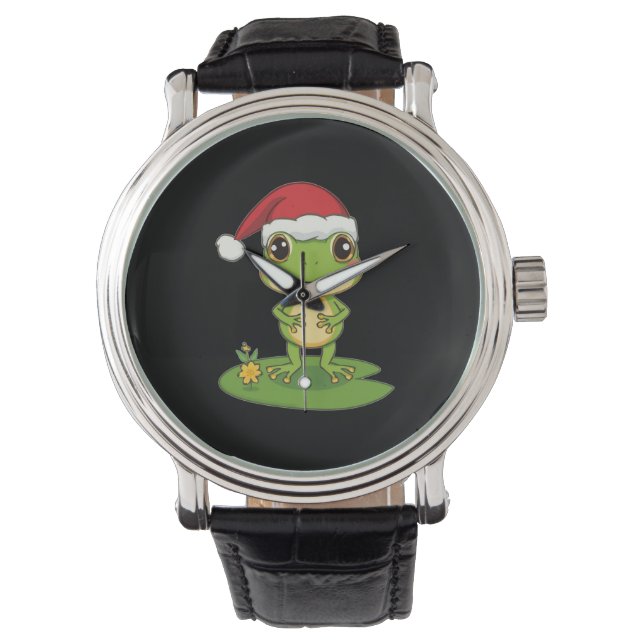 Relógio Cute Cartoon Frog Character Wearing a Santa Hat on (Frente)