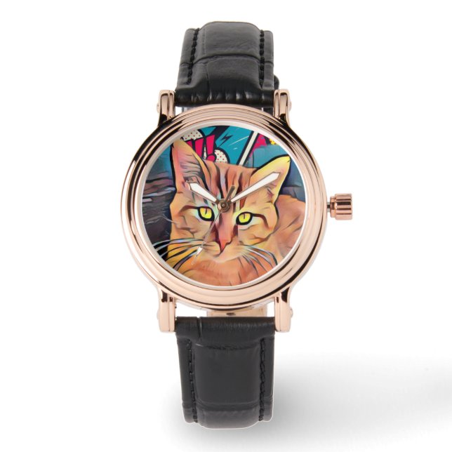 Relógio Cute Cat Black Leather Watch Women (Frente)