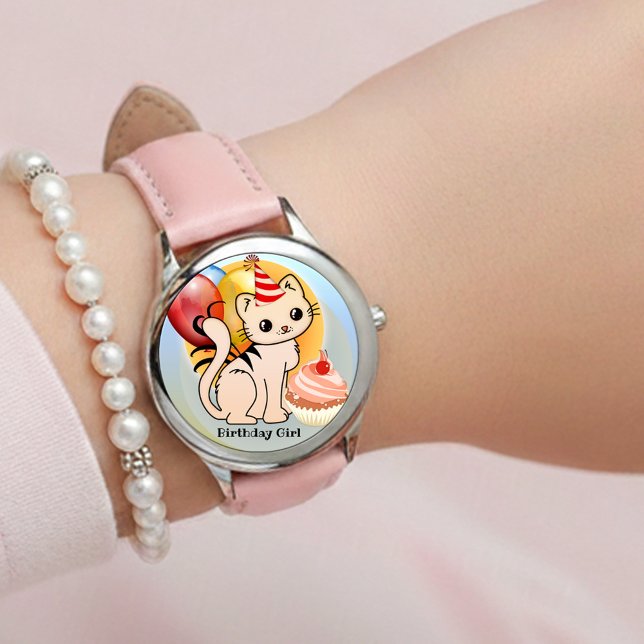 Relógio Cute Colorful Kitty Birthday  (Cute festive girly birthday watch featuring a kitten with balloons and a cupcake)