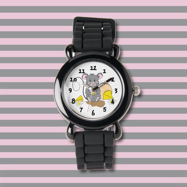 Relógio Cute Gray Cartoon Mouse Kid Watch (Cute kid watch with a gray mouse nibbing on some Swiss cheese .)
