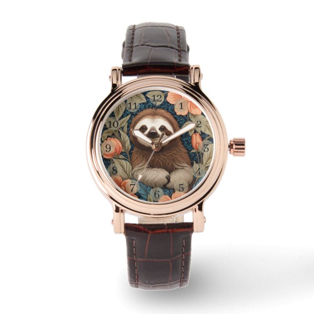 Relógio Cute Sloth Elegant Floral William Morris Inspired (Frente)