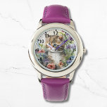 Relógio Cute Watercolor Cat Pretty Flowers Girly<br><div class="desc">Cute Watercolor Cat Pretty Flowers Girly Watches features a cute cat sitting in pretty wild flowers. Created by Evco Studio www.zazzle.com/store/evcostudio</div>