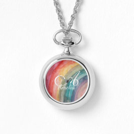 Relógio Cute Watercolor Personalized Rainbow Necklace  