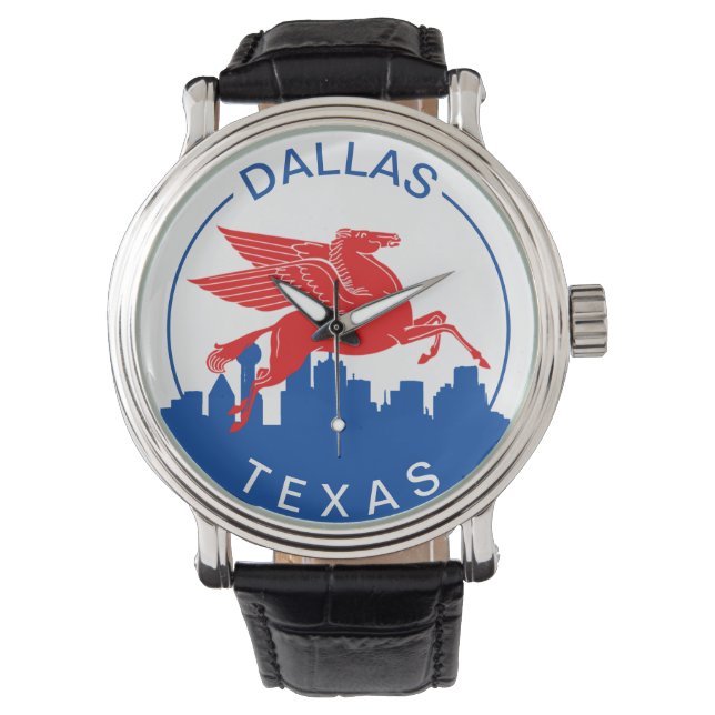 Relógio Dallas TX Wristwatch com skyline e Pegasus mascot (Frente)