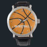 Relógio de basquetebol com texto personalizado<br><div class="desc">Relógio de basquete com texto personalizado Relógios de pulso personalizados para fãs e jogadores de basquete. Ideia personalizável de presente de aniversário para homens e mulheres. Design desportivo com basquete laranja.</div>