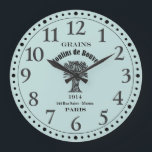 Relógio de café da cozinha francesa Vintage<br><div class="desc">Uma efemera de grão francês vintage de um saco de grão. Estilo russo francês. Um relógio cinza azul enfumaçado com tipografia preta.</div>