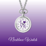 Relógio de Colar de Amor com Púrpura e Branca<br><div class="desc">Presente do Necklace Watch. Com a palavra "amor" e uma forma cardíaca substituindo a letra O. Purple e White</div>