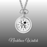 Relógio de colar de amor preto e branco<br><div class="desc">Presente do Necklace Watch. Com a palavra "amor" e uma forma cardíaca substituindo a letra O. Preto e branco</div>