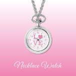 Relógio de Colar de Amor, rosa e branco<br><div class="desc">Presente do Necklace Watch. Com a palavra "amor" e uma forma cardíaca substituindo a letra O. Rosa e branca</div>