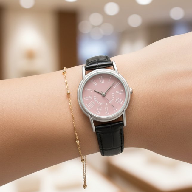 Relógio de Couro com Nome Personalizado Presente p (Mr and Mrs Black Leather Gift – Personalized Coral Gift for Birthday, Bridal Shower or Graduation)