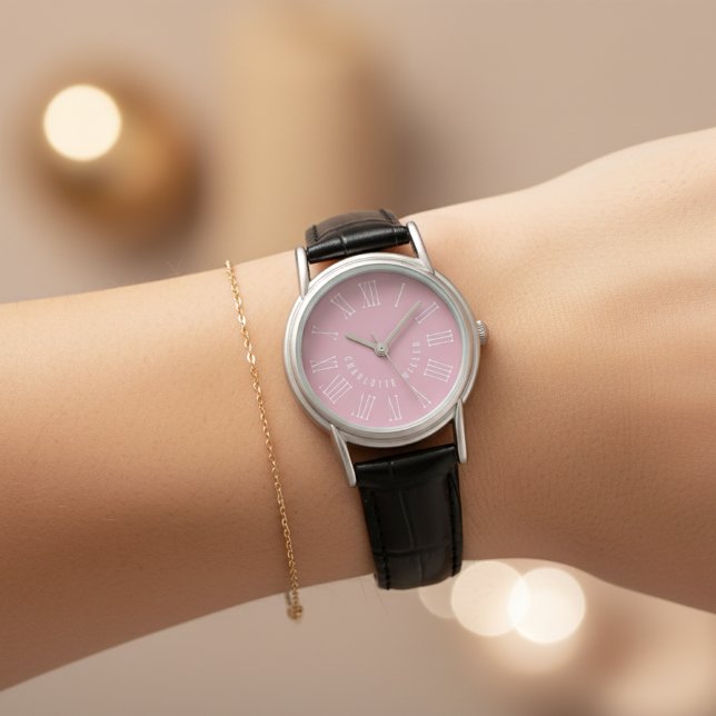 Relógio de Couro com Nome Personalizado Rosa Prese (Personalized Black Leather Gift – Custom Name Watch Gift for Her, Mom, Daughter or Coworkers)
