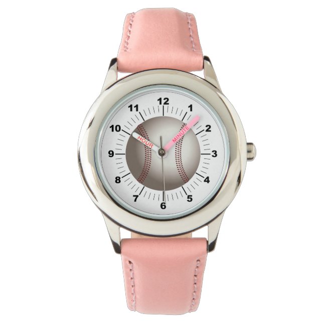 Relógio de couro rosa-beisebol infantil (Frente)