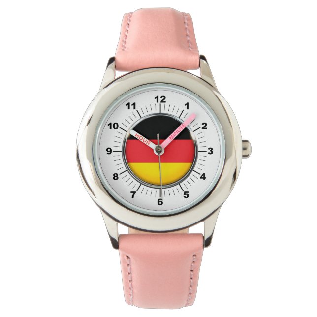 Relógio de couro rosa com bandeiras do Kid na Alem (Frente)