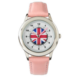 Relógio de couro rosa com bandeiras do Reino Unido