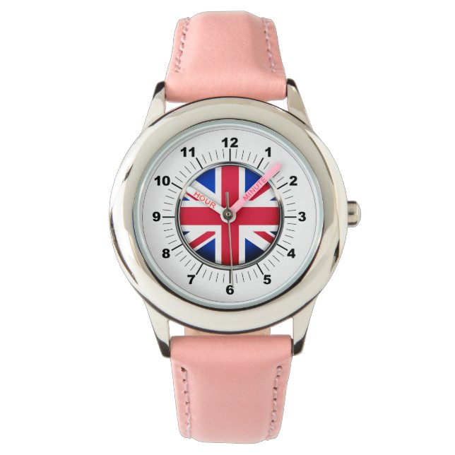 Relógio de couro rosa com bandeiras do Reino Unido (Frente)