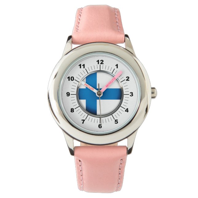 Relógio de couro rosa com bandeiras finas, na Finl (Frente)