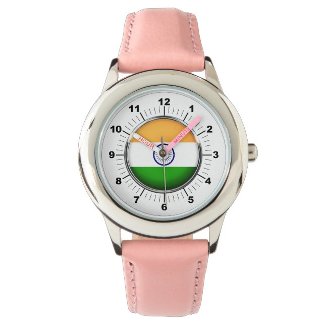 Relógio de couro rosa-rosa com bandeira indiana (Frente)
