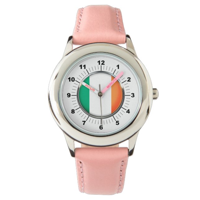 Relógio de couro rosa-rosa com bandeira irlandesa (Frente)