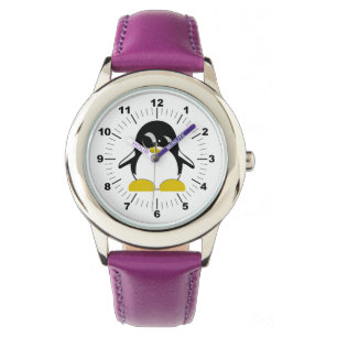 Relógio de couro roxo de aço pinguim infantil