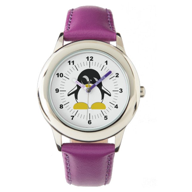 Relógio de couro roxo de aço pinguim infantil (Frente)