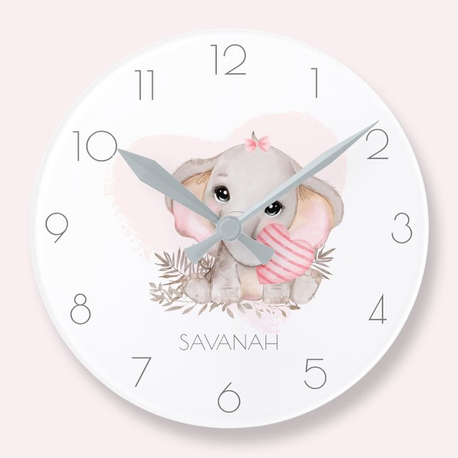 Relógio de elefante fofo personalizado (Personalized cute elephant girl pink round clock)