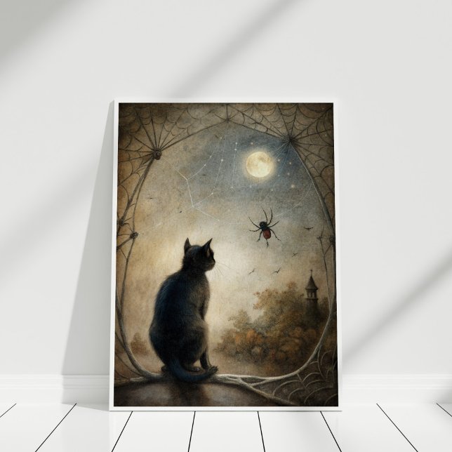 Relógio de Familiar - Impressão de Gato Negro e Mu (Familiar’s Watch – Black Cat & Magic Wall Print in a white frame.)