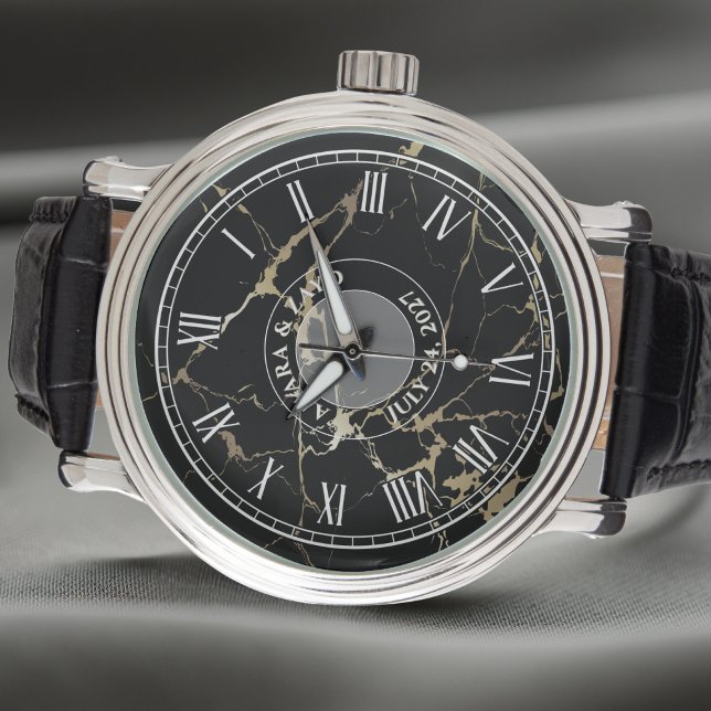 Relógio de Mármore Negro - Couro - Vintage (Criador carregado)