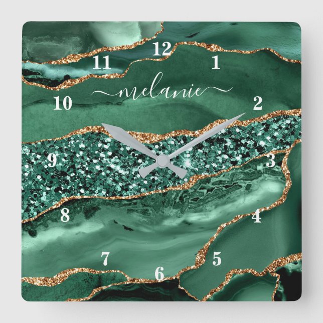 Relógio de Nome do Marble do Geodo Glitter Verde D (Frente)