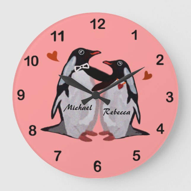Relógio de Nome Personalizado do Casal Penguin Lov (Frente)