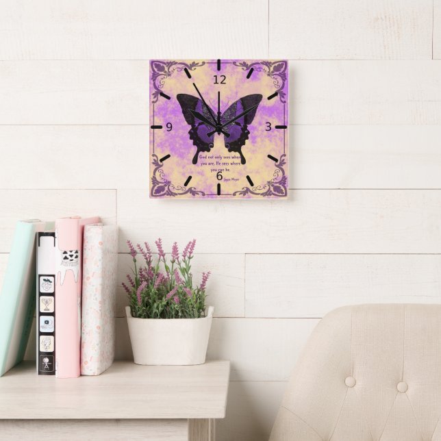 Relógio de Parede Acrílico Borboleta Roxo/Preto  (Sala de leitura)