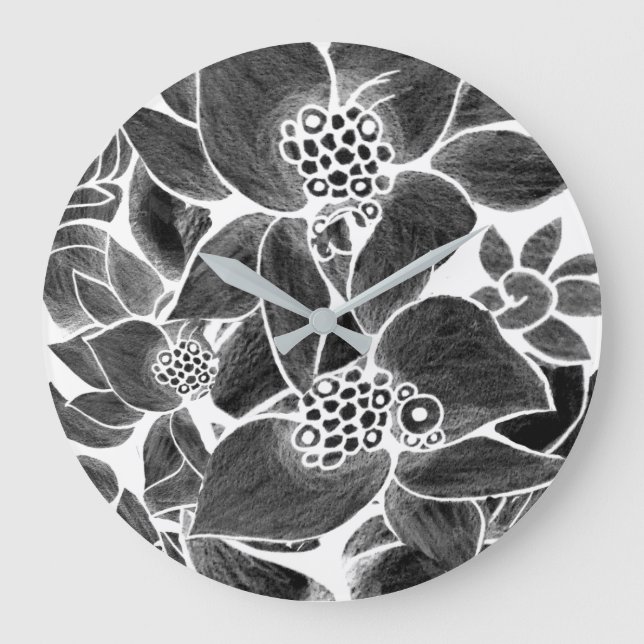 Relógio de Parede Acrílico Floral branco preto (Frente)