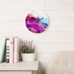 Relógio de Parede Aquarela Dourado Rosa Roxo Moder