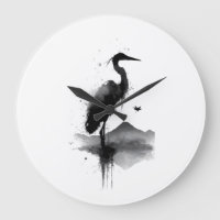 Relógio de Parede Arte Zen Grou Sumi-e Japonês