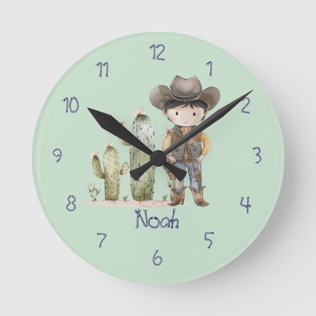 Relógio de Parede Azul Fofo de Cowboy para Menino (Frente)