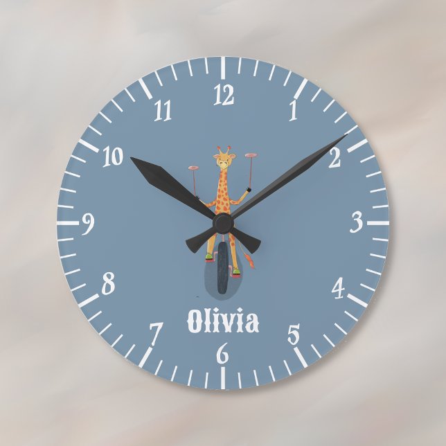 Relógio de Parede Azul para Quarto de Criança com  (Circus theme nursery room wall clock with baby's name .)