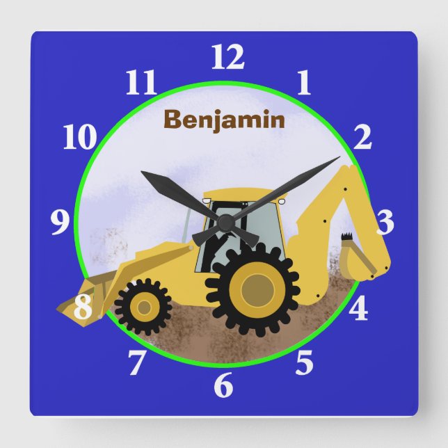 Relógio de Parede Backhoe de Construção (Azul) (Frente)
