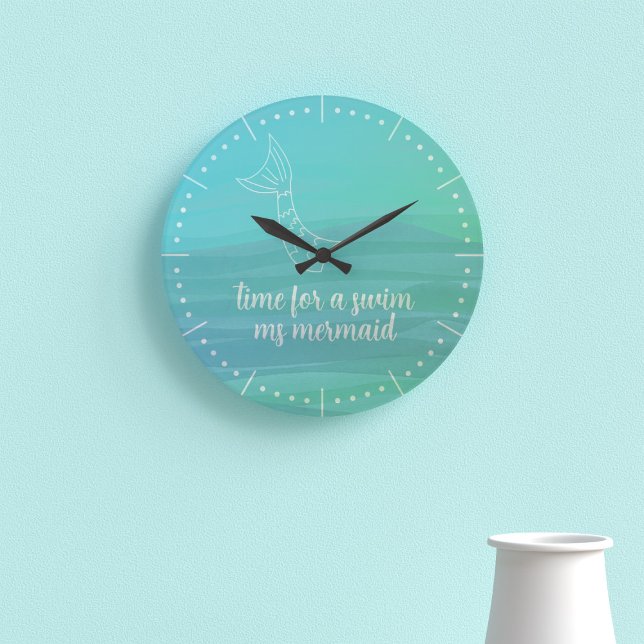 Relógio de Parede Cauda de Sereia em Aquarela Aqua (Add your own mermaid-y quote to this cool aqua watercolor waves wall clock)