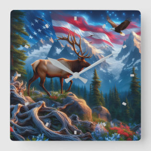 Relógio de Parede com Bandeira Americana e Alce