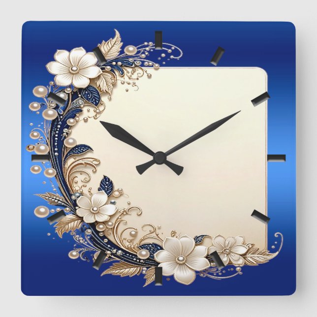 Relógio de Parede com Enfeite Floral Azul Branco (Frente)
