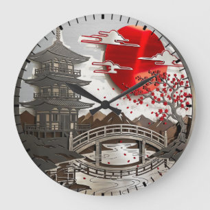 Relógio de Parede com Pagode Japonês e Flor de Cer
