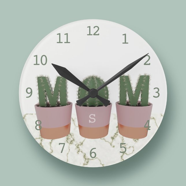 Relógio de Parede da Cozinha Monogramada Cactus Mã (Fun cactus wall clock with space for your initial)