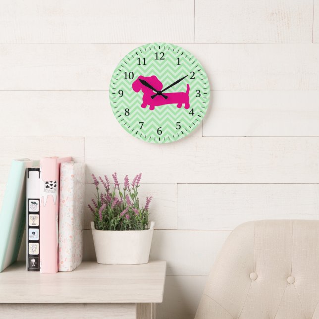 Relógio de Parede Dachshund Rosa e Verde (Sala de leitura)