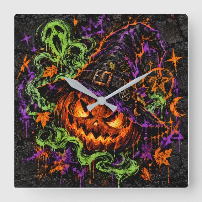 Relógio de Parede de Abóbora de Halloween da Bruxa (Frente)