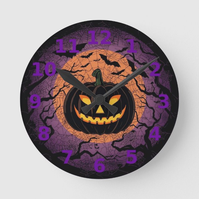 Relógio de Parede de Abóbora Preta de Halloween (Frente)