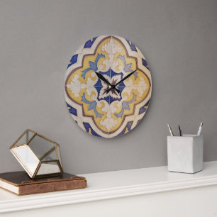 Relógio de Parede de Azulejo Azul Amarelo Portuguê