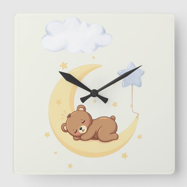 Relógio de Parede de Berçário Urso Adormecido Fofo (Frente)
