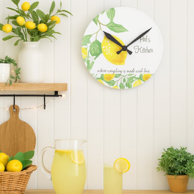 Relógio de Parede de Cozinha Personalizado com Lim (Personalize this cheerful lemon citrus wall clock with a name. It makes an excellent gift )
